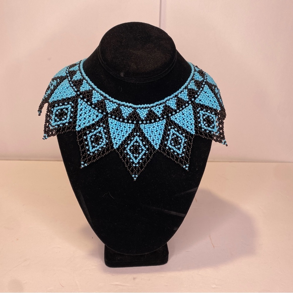 Vintage Heavy Turquoise & Black Triangle Diamond Beaded Collar Necklace